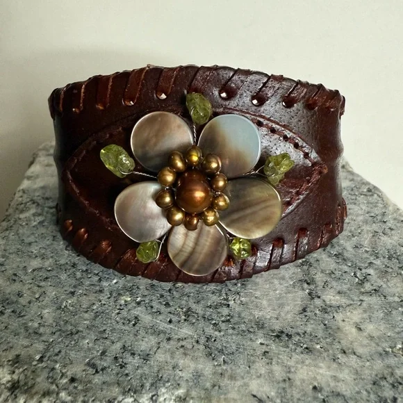 Green and Brown Leather Cuff Bracelet with Floral Centerpiece - Picture 2 of 9